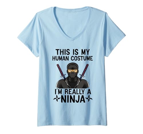 Damen Einfache Halloween-Kostüme für Männer und Frauen, lustiges Ninja-Kostüm T-Shirt mit V-Ausschnitt von Funny Lazy Halloween Costumes