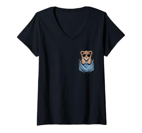 Damen Niedliches Safari-Tier für Löwen-Liebhaber T-Shirt mit V-Ausschnitt von Funny Lion in Pocket for Wildlife Lover