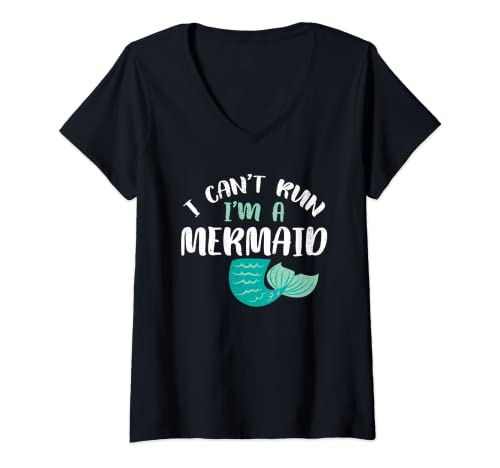 Damen I cant run im a Mermaid I am Funny Fish Sea Sister, Erwachsene T-Shirt mit V-Ausschnitt von Funny Little Mermaid Women Girl Mom Men Birthday
