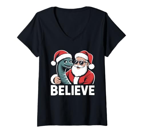 Damen Believe Loch Ness Monster Santa Weihnachten T-Shirt mit V-Ausschnitt Damen Believe Loch Ness Monster Santa Weihnachten T-Shirt mit V-Ausschnitt von Funny Loch ness monster