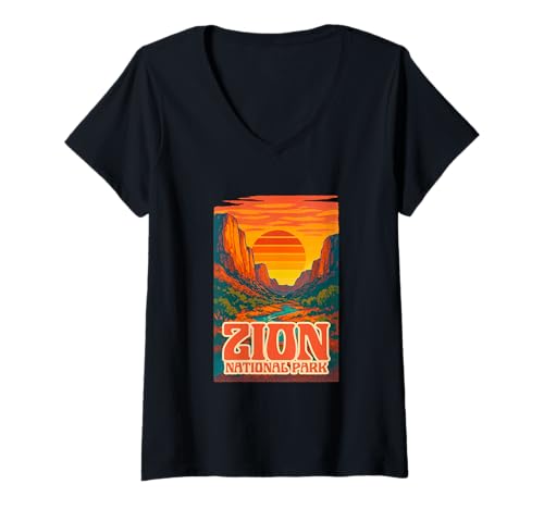 Damen Utah Zion National Park Canyon Retro Sonnenuntergang Vintage Reise T-Shirt mit V-Ausschnitt Damen Utah Zion National Park Canyon Retro Sonnenuntergang Vintage Reise T-Shirt mit V-Ausschnitt von Funny Lorid’s Apparel