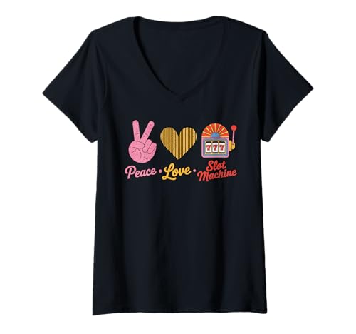 Damen Peace Love Spielautomat 777 Retro Casino Männer Frauen T-Shirt mit V-Ausschnitt Damen Peace Love Spielautomat 777 Retro Casino Männer Frauen T-Shirt mit V-Ausschnitt von Funny Lucky Reel Vibes Co.