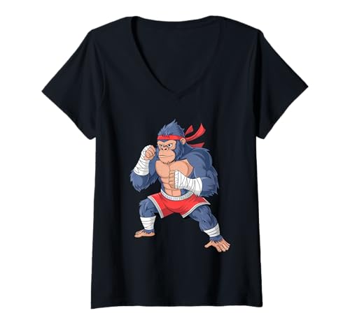 Damen Gorilla Fighter MMA Kickboxen Training Kampfsport rot T-Shirt mit V-Ausschnitt von Funny MMA Fighter Apparel