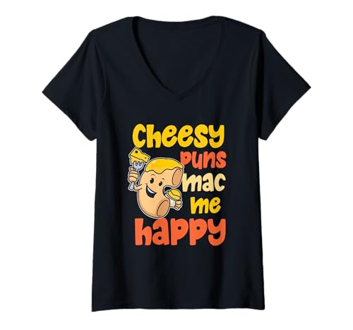 Damen Cheesy Wortspiele Mac Me Happy Lustige Makkaroni T-Shirt mit V-Ausschnitt von Funny Mac And Cheese Designs For Macaroni Lovers