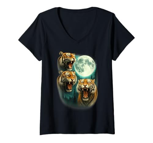 Damen Three Tiger Moon 3 Bengalische Tiger heulen den Mond an T-Shirt mit V-Ausschnitt Damen Three Tiger Moon 3 Bengalische Tiger heulen den Mond an T-Shirt mit V-Ausschnitt von Funny Magic Moon Howling Head