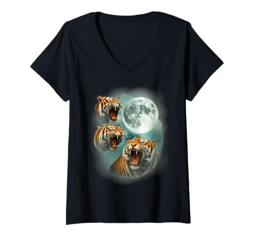 Damen Three Tiger Moon 3 Bengalische Tiger heulen den Mond an T-Shirt mit V-Ausschnitt Damen Three Tiger Moon 3 Bengalische Tiger heulen den Mond an T-Shirt mit V-Ausschnitt von Funny Magic Moon Howling Head