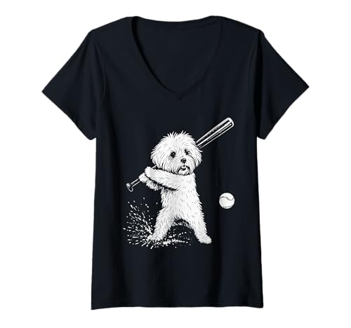Damen Malteser Hund Baseball Sport Hundeliebhaber T-Shirt mit V-Ausschnitt Damen Malteser Hund Baseball Sport Hundeliebhaber T-Shirt mit V-Ausschnitt von Funny Maltese Baseball Player Dog Designs