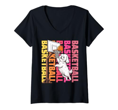 Damen Malteser Hund Basketball Sport Hundeliebhaber T-Shirt mit V-Ausschnitt Damen Malteser Hund Basketball Sport Hundeliebhaber T-Shirt mit V-Ausschnitt von Funny Maltese Basketball Player Dog Designs