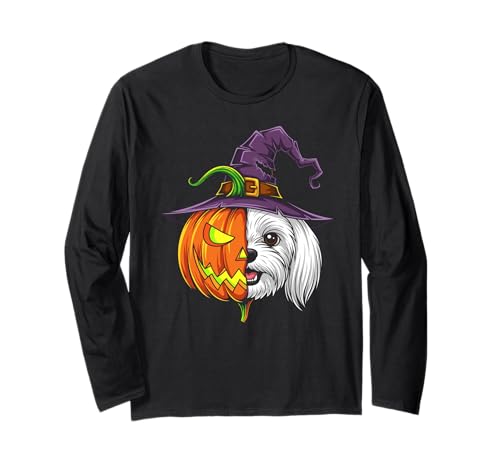 Malteser Kürbis Jack O Laterne Halloween Kinder Herren Damen Langarmshirt von Funny Maltese Dog Lovers Halloween Pumpkin Outfits