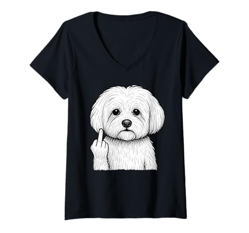 Damen Malteser Hund Mittelfinger sarkastischer Hundeliebhaber T-Shirt mit V-Ausschnitt Damen Malteser Hund Mittelfinger sarkastischer Hundeliebhaber T-Shirt mit V-Ausschnitt von Funny Maltese Flipping Off Dog Designs