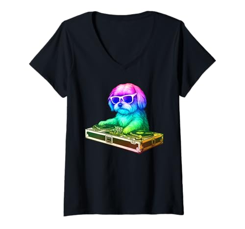 Damen Malteser Hund DJ Musik Party Hundeliebhaber T-Shirt mit V-Ausschnitt Damen Malteser Hund DJ Musik Party Hundeliebhaber T-Shirt mit V-Ausschnitt von Funny Maltese House Music Dog Designs
