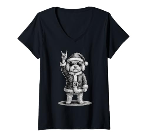 Damen Malteser Hund Rockmusik Weihnachten Hundeliebhaber T-Shirt mit V-Ausschnitt Damen Malteser Hund Rockmusik Weihnachten Hundeliebhaber T-Shirt mit V-Ausschnitt von Funny Maltese Rock And Roll Dog Designs