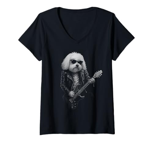 Damen Malteser Hund spielt Gitarre Rock Musik Hundeliebhaber T-Shirt mit V-Ausschnitt Damen Malteser Hund spielt Gitarre Rock Musik Hundeliebhaber T-Shirt mit V-Ausschnitt von Funny Maltese Rock And Roll Dog Designs