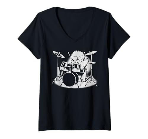 Damen Malteser Hund spielt Schlagzeug Schlagzeuger Hundeliebhaber T-Shirt mit V-Ausschnitt Damen Malteser Hund spielt Schlagzeug Schlagzeuger Hundeliebhaber T-Shirt mit V-Ausschnitt von Funny Maltese Rock And Roll Dog Designs