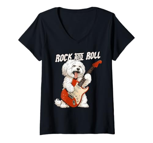 Damen Malteser Hund spielt Gitarre Rock and Roll Hundeliebhaber T-Shirt mit V-Ausschnitt Damen Malteser Hund spielt Gitarre Rock and Roll Hundeliebhaber T-Shirt mit V-Ausschnitt von Funny Maltese Rock Music Dog Designs