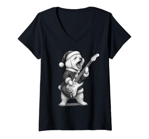 Damen Malteser Hund spielt Gitarre Weihnachten Hundeliebhaber T-Shirt mit V-Ausschnitt Damen Malteser Hund spielt Gitarre Weihnachten Hundeliebhaber T-Shirt mit V-Ausschnitt von Funny Maltese Rock Music Dog Designs