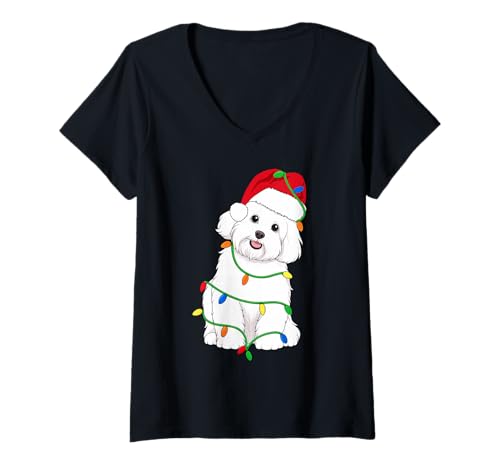 Damen Malteser Hund Weihnachtsbaum Lichter Urlaub Hundeliebhaber T-Shirt mit V-Ausschnitt Damen Malteser Hund Weihnachtsbaum Lichter Urlaub Hundeliebhaber T-Shirt mit V-Ausschnitt von Funny Maltese Xmas Tree Dog Designs