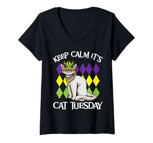 Damen Keep Calm It's Cat Tuesday Lustiger Karneval T-Shirt mit V-Ausschnitt Damen Keep Calm It's Cat Tuesday Lustiger Karneval T-Shirt mit V-Ausschnitt von Funny Mardi Gras Outfits For Cat Lovers