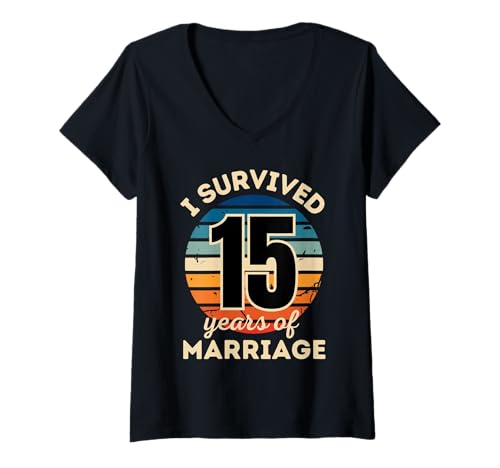 Damen Ich Habe 15 Jahre Ehe überlebt Lustiges Paarjubiläum T-Shirt mit V-Ausschnitt von Funny Married 15 Year Anniversary Matching Couples