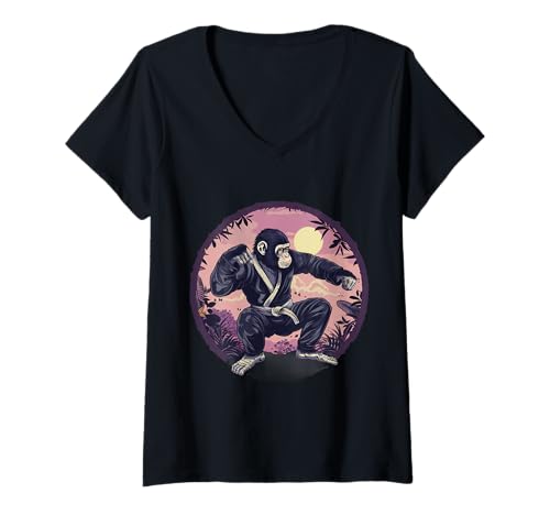 Damen Karate Monkey Nature Moon MMA Kickboxen Affenliebhaber T-Shirt mit V-Ausschnitt Damen Karate Monkey Nature Moon MMA Kickboxen Affenliebhaber T-Shirt mit V-Ausschnitt von Funny Martial Arts Animals