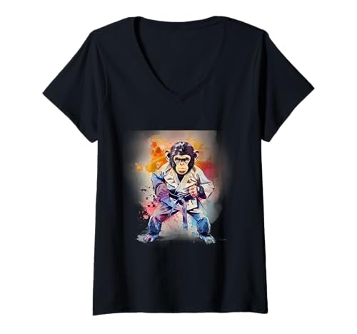 Damen Kung Fu Affe Aquarell Kickboxen MMA Affenliebhaber T-Shirt mit V-Ausschnitt Damen Kung Fu Affe Aquarell Kickboxen MMA Affenliebhaber T-Shirt mit V-Ausschnitt von Funny Martial Arts Animals