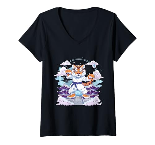 Damen Kung Fu Tiger Pagode Turm Judo MMA Taekwondo Kickboxen T-Shirt mit V-Ausschnitt Damen Kung Fu Tiger Pagode Turm Judo MMA Taekwondo Kickboxen T-Shirt mit V-Ausschnitt von Funny Martial Arts Animals