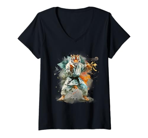 Damen MMA Tiger Aquarell Kickboxen Taekwondo Kampfsport T-Shirt mit V-Ausschnitt Damen MMA Tiger Aquarell Kickboxen Taekwondo Kampfsport T-Shirt mit V-Ausschnitt von Funny Martial Arts Animals