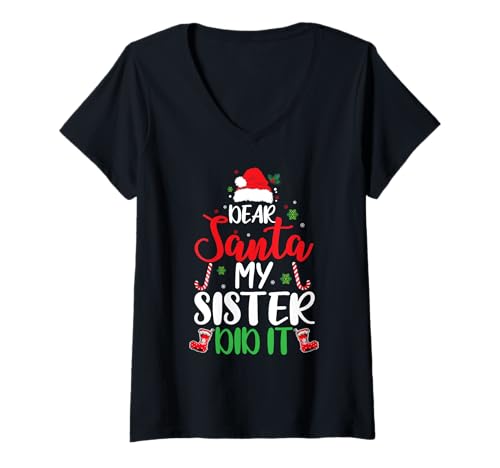 Damen Lieber Weihnachtsmann, Meine Schwester hat es gemacht, Weihnachten, passende Familie T-Shirt mit V-Ausschnitt Damen Lieber Weihnachtsmann, Meine Schwester hat es gemacht, Weihnachten, passende Familie T-Shirt mit V-Ausschnitt von Funny Matching Christmas Tee Shirts For Family