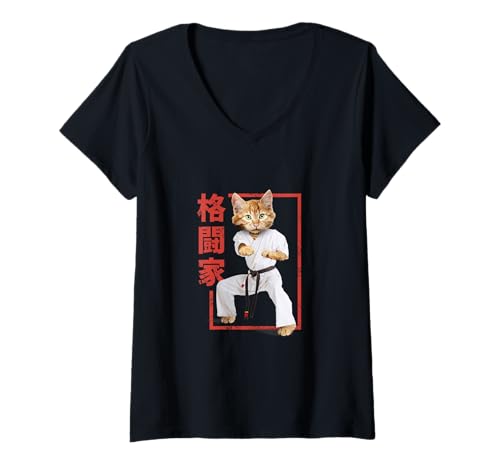 Damen Kampfsport-Katze in Karate-Pose mit schwarzem Gürtel und Japanisch T-Shirt mit V-Ausschnitt Damen Kampfsport-Katze in Karate-Pose mit schwarzem Gürtel und Japanisch T-Shirt mit V-Ausschnitt von Funny Material Arts Warrior