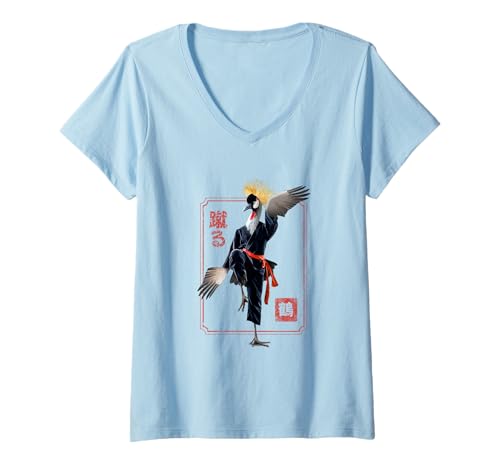 Damen Martial Arts Kranichtritt Pose Bird Warrior Kung Fu T-Shirt mit V-Ausschnitt Damen Martial Arts Kranichtritt Pose Bird Warrior Kung Fu T-Shirt mit V-Ausschnitt von Funny Material Arts Warrior