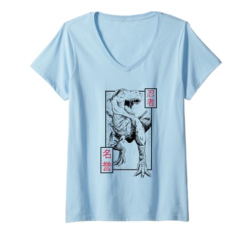Damen Ninja TRex Dinosaurier Krieger mit Katana und japanischem Kanji T-Shirt mit V-Ausschnitt Damen Ninja TRex Dinosaurier Krieger mit Katana und japanischem Kanji T-Shirt mit V-Ausschnitt von Funny Material Arts Warrior