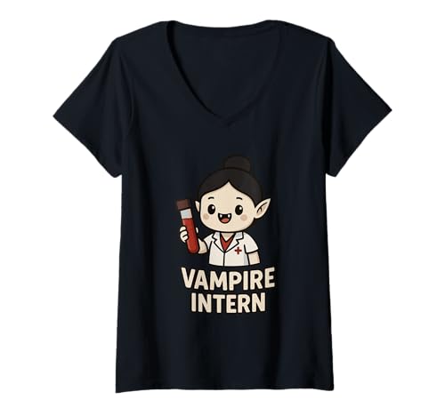 Damen Kawaii Vampir Krankenschwester Phlebotomist Blood Lab Humor Phlebotomie T-Shirt mit V-Ausschnitt Damen Kawaii Vampir Krankenschwester Phlebotomist Blood Lab Humor Phlebotomie T-Shirt mit V-Ausschnitt von Funny Medical Tech Healthcare Clinical Staff