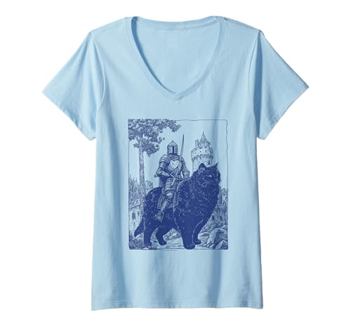 Damen Knight Cat Rider Vintage 90er Jahre Mittelalter Ritter Reitkatze T-Shirt mit V-Ausschnitt Damen Knight Cat Rider Vintage 90er Jahre Mittelalter Ritter Reitkatze T-Shirt mit V-Ausschnitt von Funny Medieval Knight Cat Grimdark Dark Art Cat
