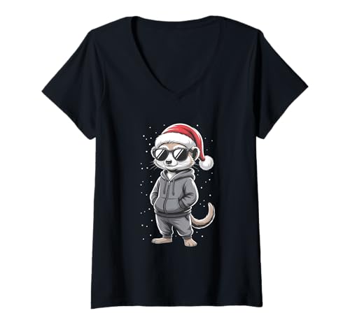 Damen Erdmännchen in Sonnenbrille Cool Christmas T-Shirt mit V-Ausschnitt Damen Erdmännchen in Sonnenbrille Cool Christmas T-Shirt mit V-Ausschnitt von Funny Meerkat Santa Hat Clo