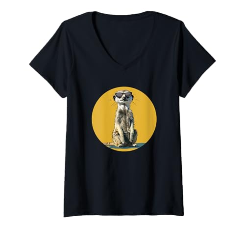 Damen Tolles Erdmännchen-Sonnenbrillen-Kostüm für Jungen und Mädchen T-Shirt mit V-Ausschnitt von Funny Meerkat