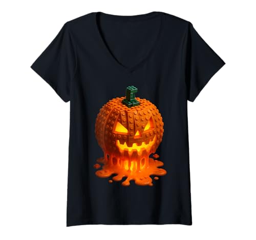 Damen Halloween Master Builder Kürbis Bausteine Blöcke T-Shirt mit V-Ausschnitt Damen Halloween Master Builder Kürbis Bausteine Blöcke T-Shirt mit V-Ausschnitt von Funny Melting Pumpkin Merch