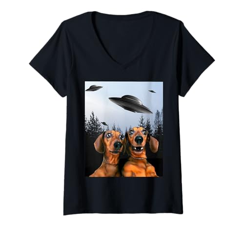 Damen Lustiges Dackel Selfie mit UFO T-Shirt mit V-Ausschnitt Damen Lustiges Dackel Selfie mit UFO T-Shirt mit V-Ausschnitt von Funny Meme Dachshunds