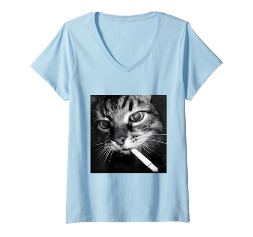 Damen Zigarette Kätzchen Lustige Rauchende Katze Dumm Brainrot Meme T-Shirt mit V-Ausschnitt von Funny Meme Gen Z Smoking Cat