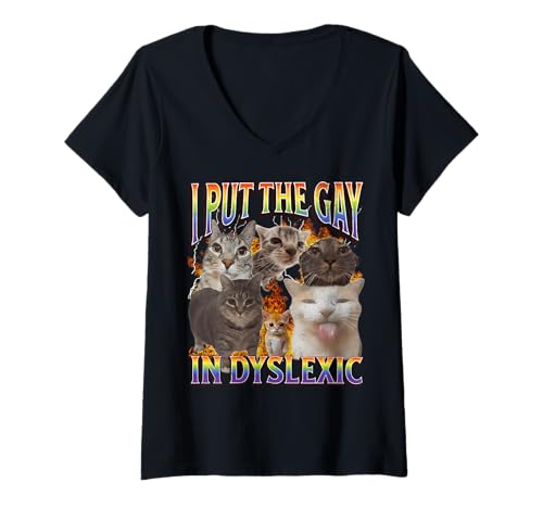 Damen I Put The Gay In Legasthenic Funny Cat Meme Bootleg Funny Retro T-Shirt mit V-Ausschnitt Damen I Put The Gay In Legasthenic Funny Cat Meme Bootleg Funny Retro T-Shirt mit V-Ausschnitt von Funny Meme I Put The Gay In Dyslexic