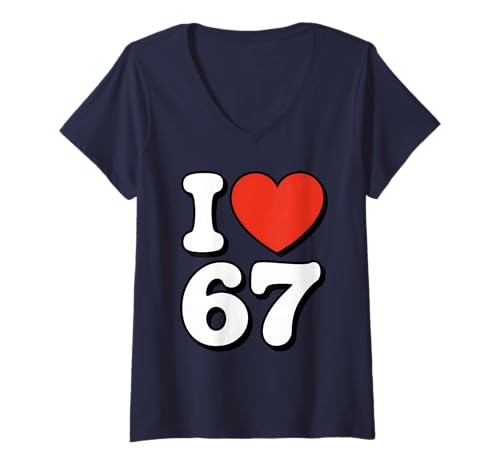Damen Retro 67 Meme - Lustig ICH Liebe SIX Seven T-Shirt mit V-Ausschnitt Damen Retro 67 Meme - Lustig ICH Liebe SIX Seven T-Shirt mit V-Ausschnitt von Funny Meme Slang Basket