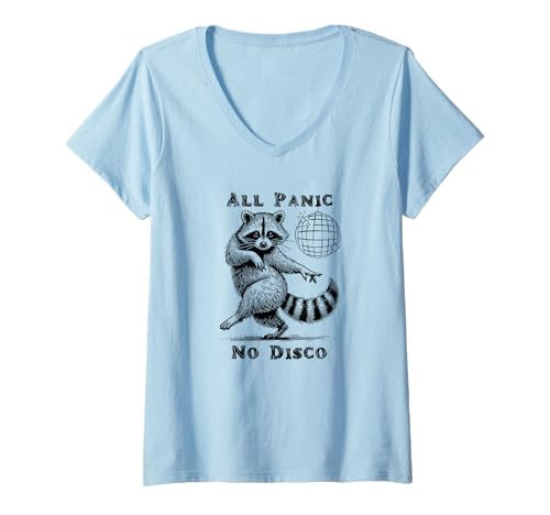 Damen All Panic No Disco Waschbär Lustiges Tanztier T-Shirt mit V-Ausschnitt von Funny Mental Health