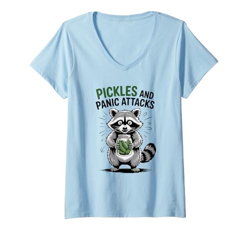 Damen Essiggurken und Panikattacken Lustiger Waschbär T-Shirt mit V-Ausschnitt von Funny Mental Health