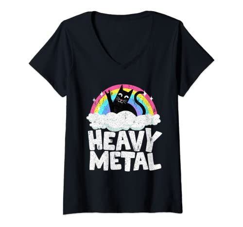 Damen Heavy Metal Cat Satanic Kinder Punk Rock Band Metall Regenbogen T-Shirt mit V-Ausschnitt Damen Heavy Metal Cat Satanic Kinder Punk Rock Band Metall Regenbogen T-Shirt mit V-Ausschnitt von Funny Metalheads & Death Metal Gifts For Men Women