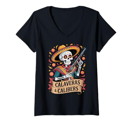 Damen Dia de los Muertos Calavera mit Gewehr T-Shirt mit V-Ausschnitt von Funny Mexican Dia de los Muertos Retro Gun Sayings