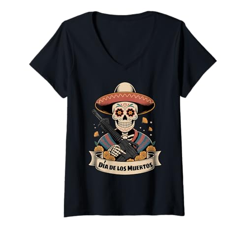 Damen Dia de los Muertos - Funny Pro Gun Sugar Skull - Mexikanisch T-Shirt mit V-Ausschnitt von Funny Mexican Dia de los Muertos Retro Gun Sayings