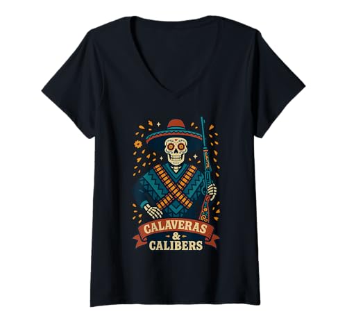 Damen Lustige Calavera Gewehr Kunst – Dia de los Muertos Outdoor T-Shirt mit V-Ausschnitt von Funny Mexican Dia de los Muertos Retro Gun Sayings