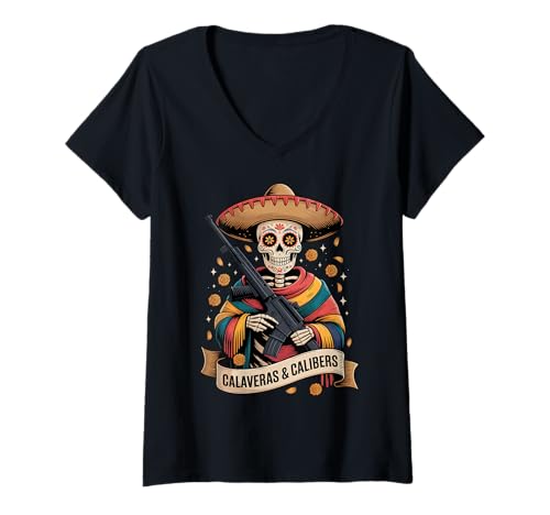 Damen Retro Vintage Pro Gun - Funny Mexican Dia de los Muertos T-Shirt mit V-Ausschnitt von Funny Mexican Dia de los Muertos Retro Gun Sayings
