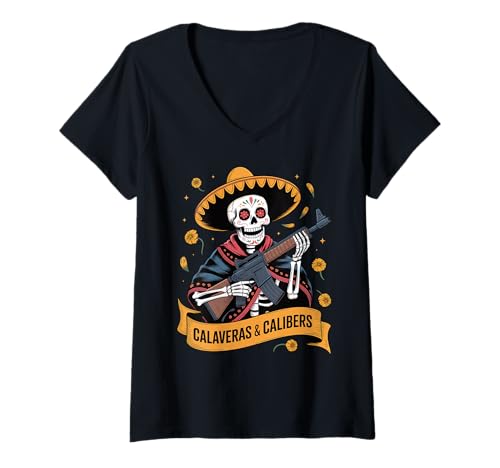Damen Sombrero Calavera mit Gewehr - Dia de los Muertos T-Shirt mit V-Ausschnitt von Funny Mexican Dia de los Muertos Retro Gun Sayings