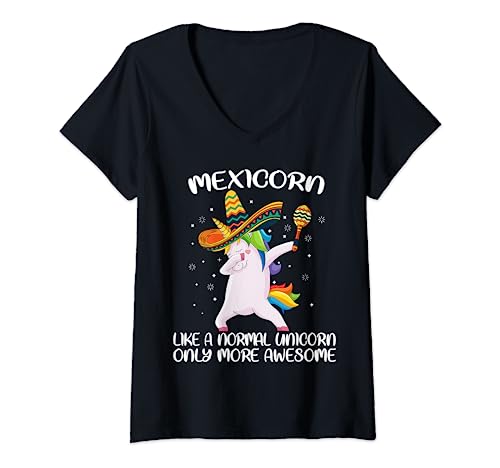 Damen Mexicorn Dabbing Einhorn Lustig Cinco de Mayo Frauen Sombrero T-Shirt mit V-Ausschnitt von Funny Mexican Unicorn Costume Gifts by Mexicos