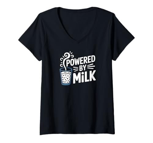 Damen Angetrieben von Milk Fun Dairy Enthusiasten T-Shirt mit V-Ausschnitt von Funny Milk Lover Dairy Enthusiast Quotes